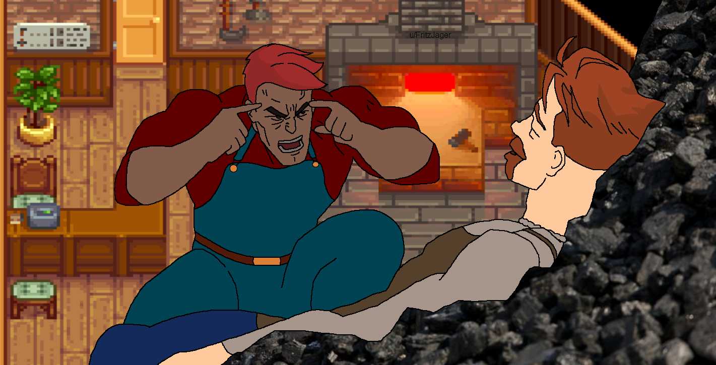 cartoon of a man in overalls and a red shirt talking to a woman