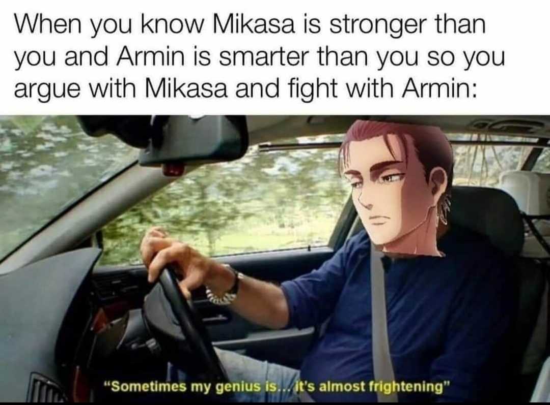 a cartoon picture of a man driving a car with a caption of him saying, when you know mikasa is stronger than you are with mikasa and fight with him