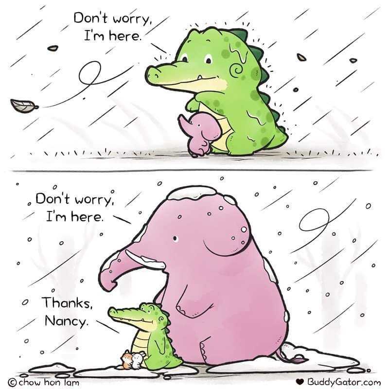 cartoon of a baby elephant and a baby dinosaur sitting in the rain