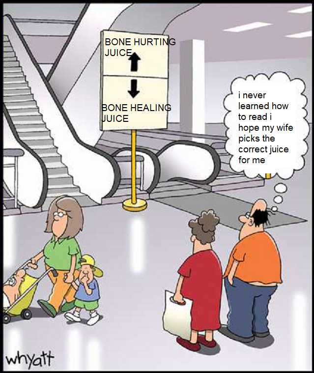 cartoon of a woman and two children at an escalator with a sign saying, ' bone hurting juice