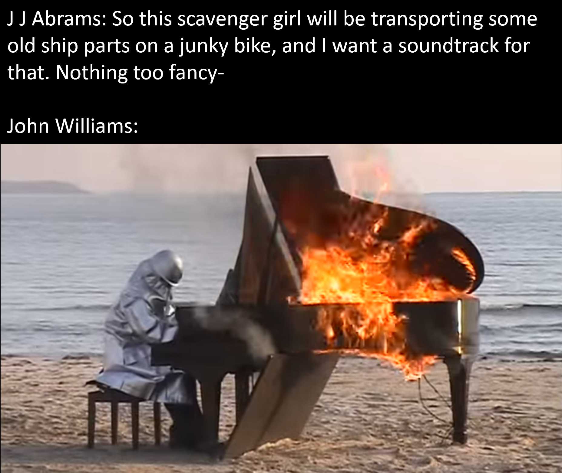 a picture taken from a video of a man in a space suit playing a piano