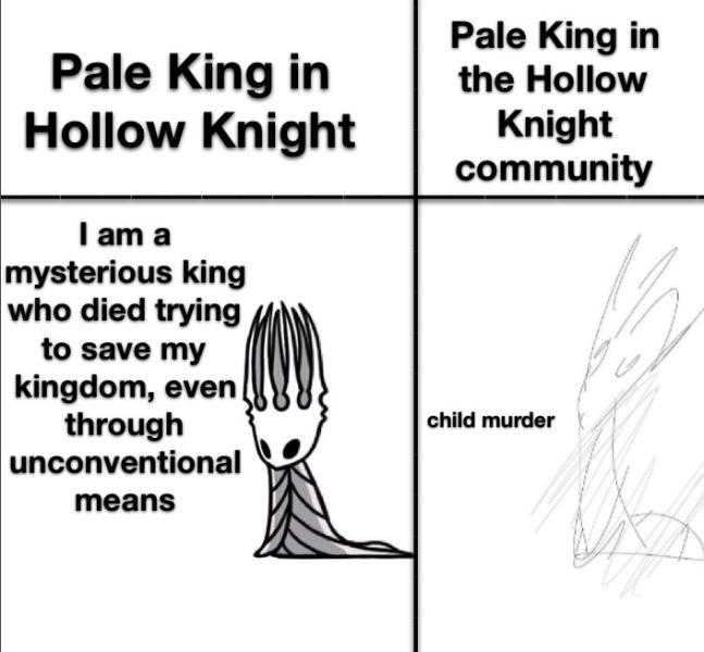 a cartoon picture of a woman with a crown and a text that reads pale king in hollow knight