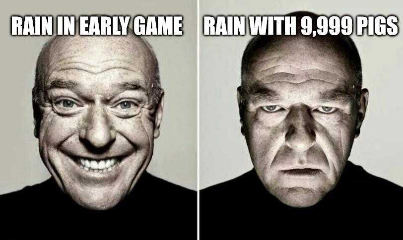 two pictures of a man with a funny face and a caption of rain in rainy game rain with 99 pigs