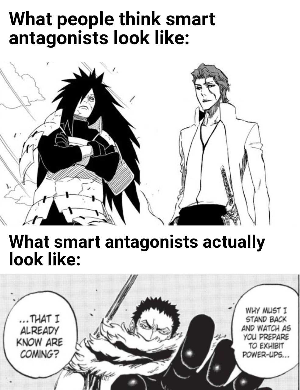 a cartoon of a man and a woman with a sword and a caption of what people think smart antagonist