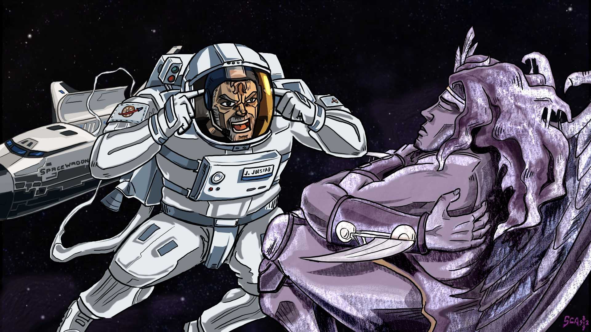 spaceship with a man in a space suit and a woman in a purple dress