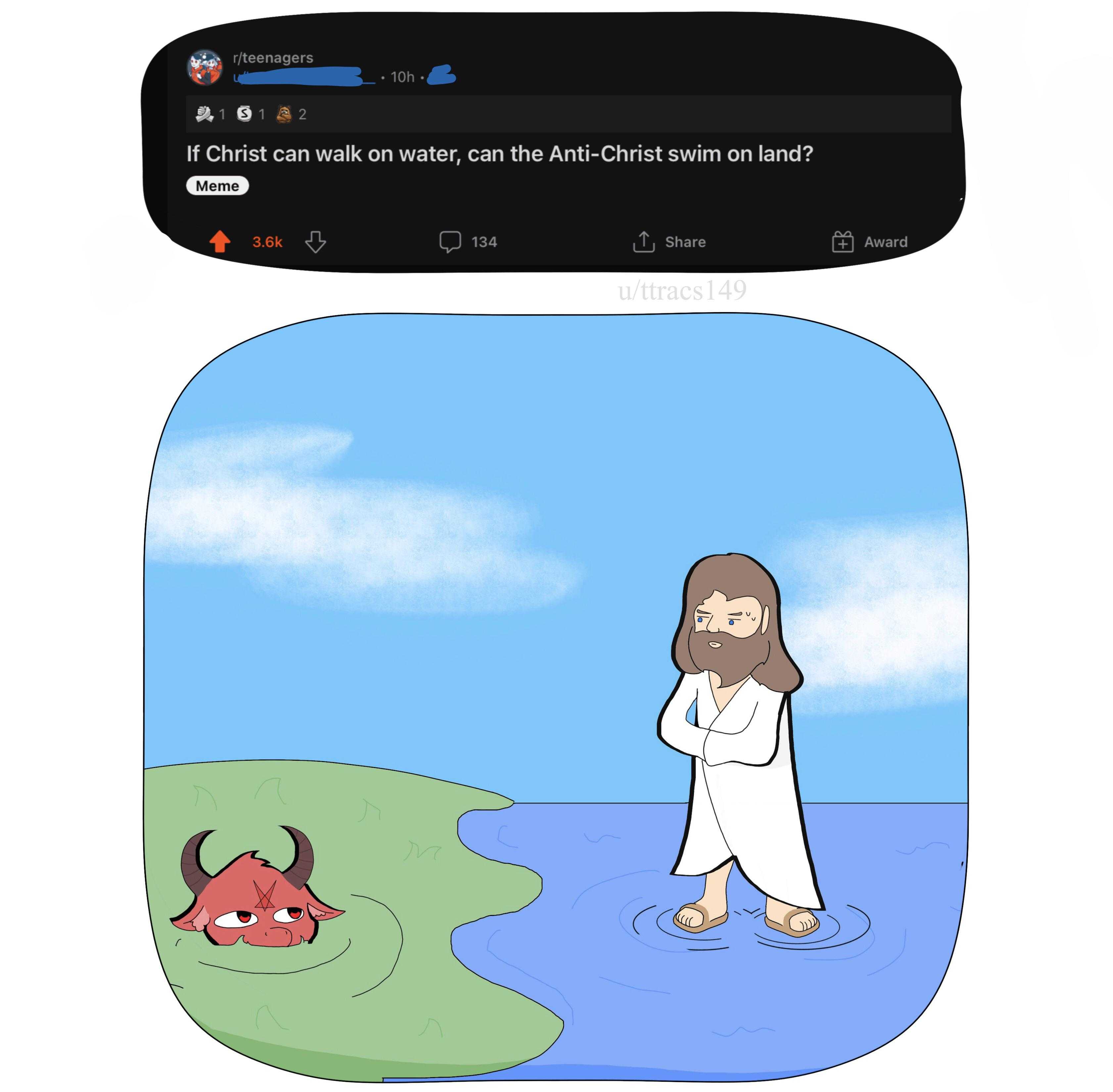 cartoon of jesus walking in water with a devil in the background