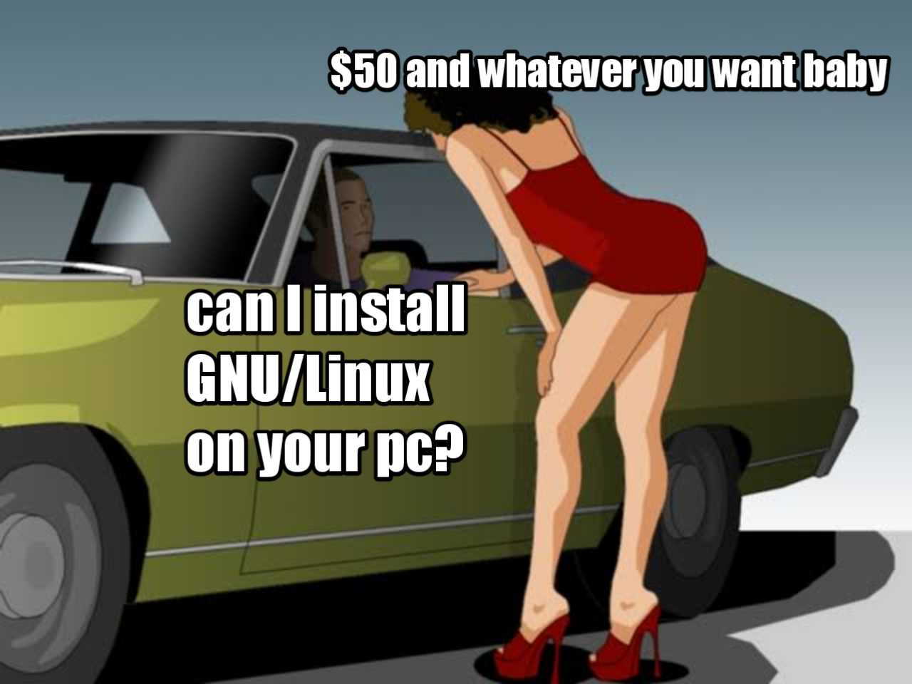 cartoon of a woman leaning over a car with a caption saying, $ 50 and whatever you want baby can i install gnw / linux on your pc?