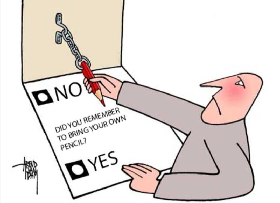 a cartoon of a man holding a pen and writing on a piece of paper