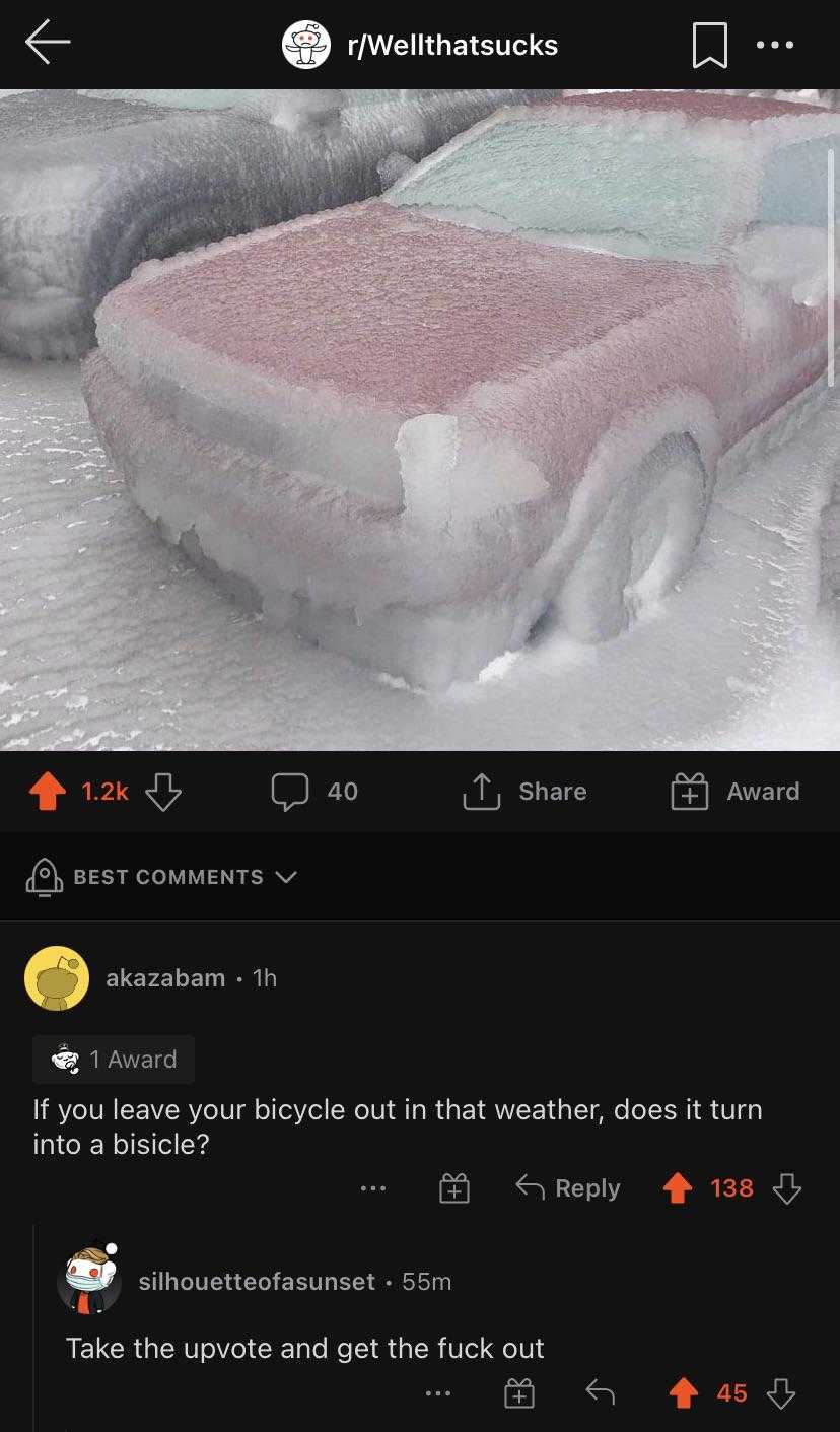 someone is driving a car covered in ice and ice