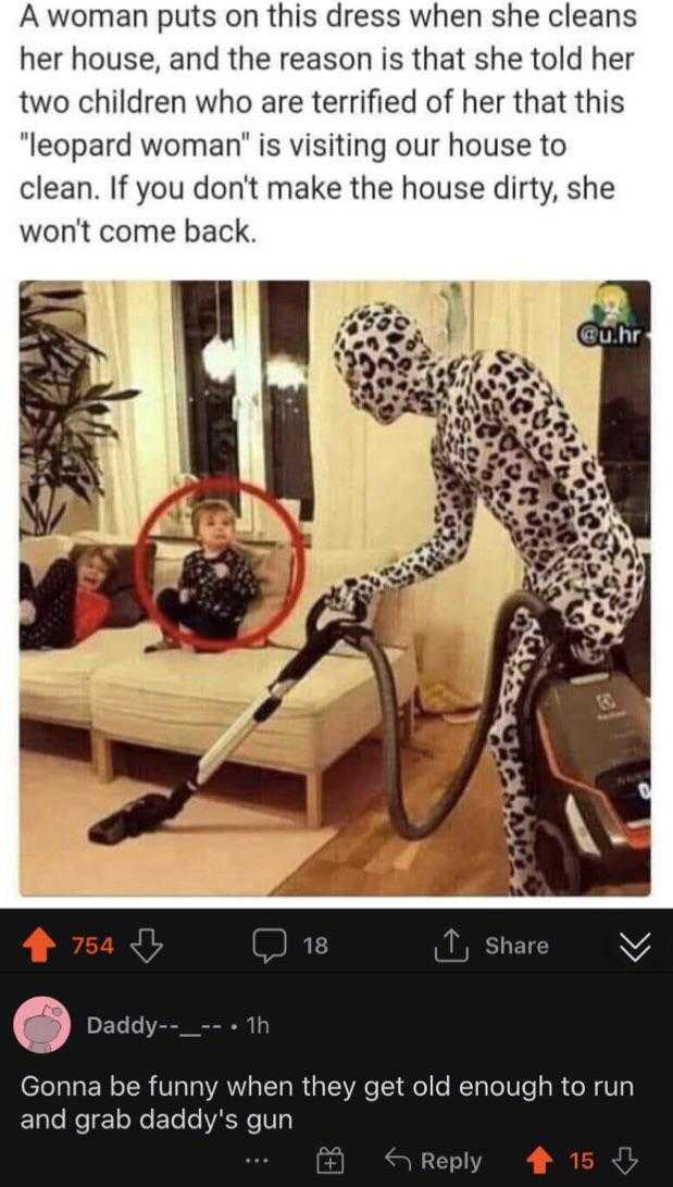 a woman in a dalmatian costume vacuums a child in a chair