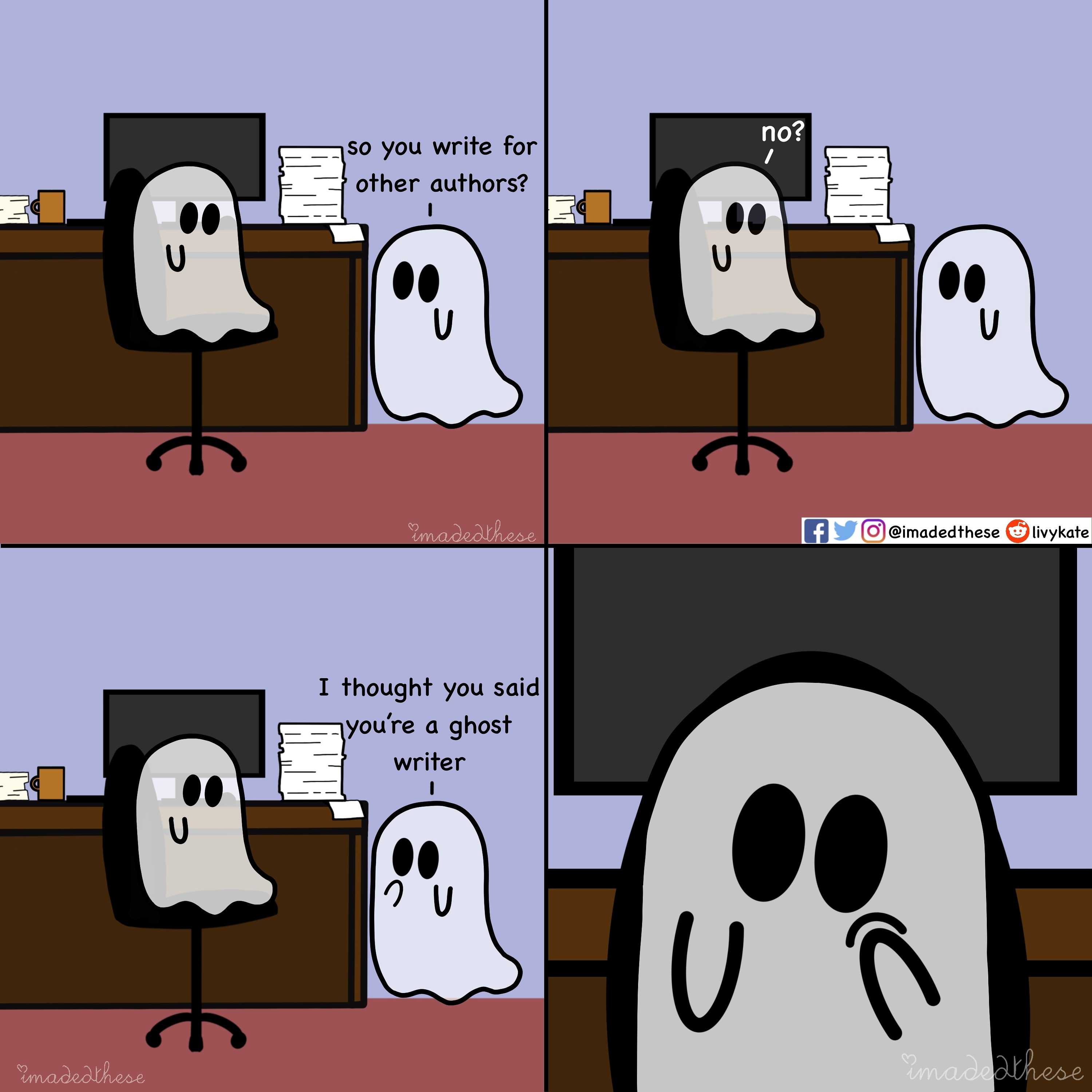 a cartoon of a ghost sitting at a desk with a computer