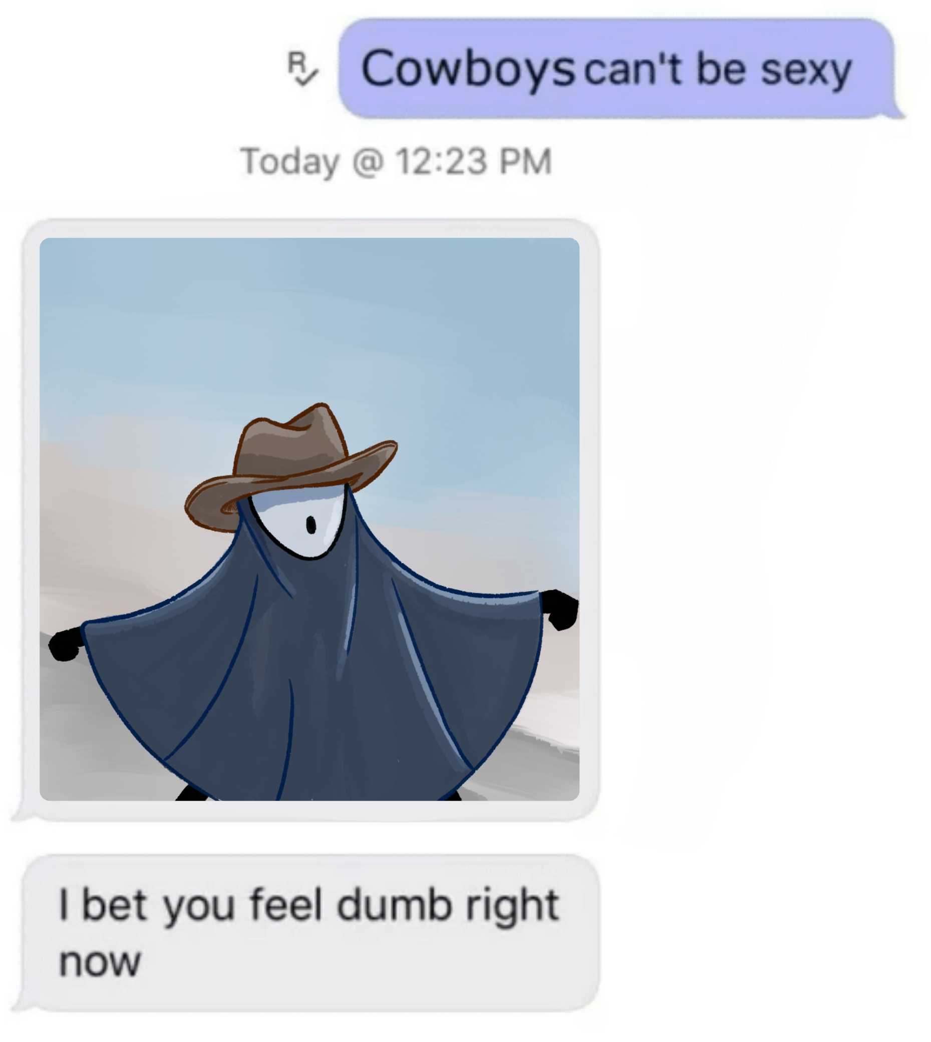 a close up of a text message with a cartoon of a man wearing a cowboy hat