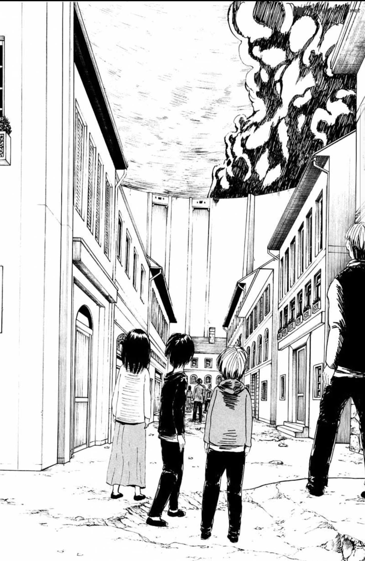 anime scene of a group of people standing in a narrow alley