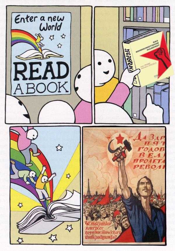 a cartoon of a comic strip with a book and a rainbow