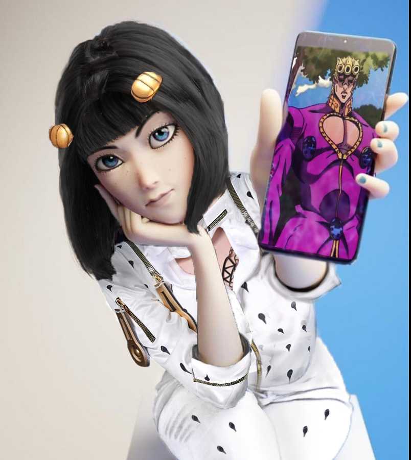 anime character holding up a cell phone with a picture of a woman