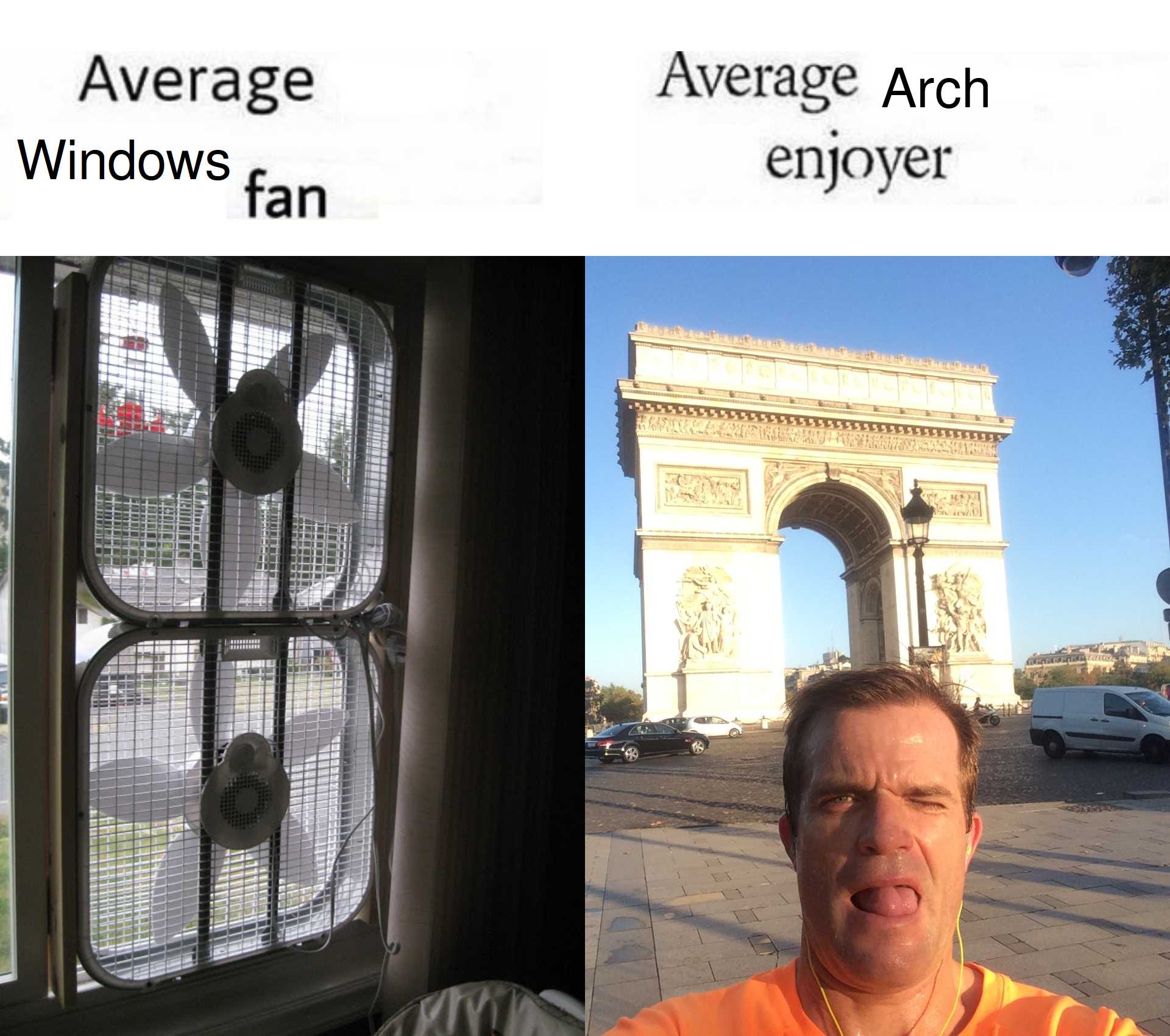 there are two pictures of a man with a window and a window fan