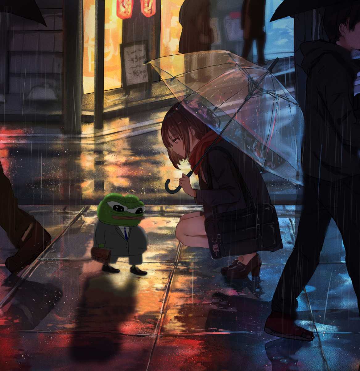 anime scene of a woman and a frog under an umbrella