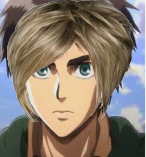 anime boy with blonde hair and green eyes staring at the camera