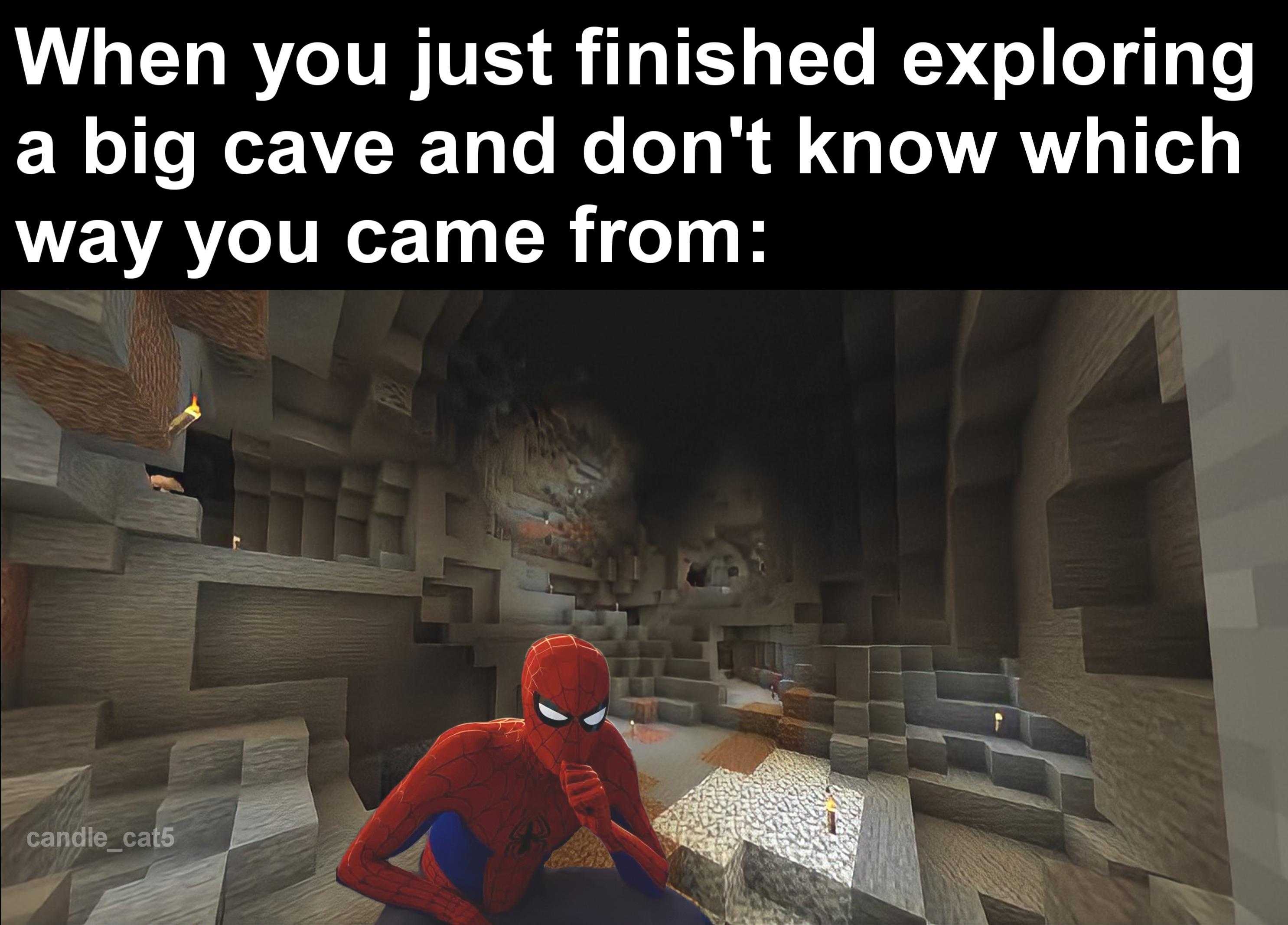 there is a spider man sitting in a room with a caption