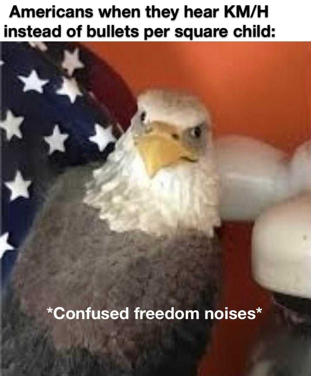 eagle with american flag and text that reads, americans when they hear kmh instead bullets per square child confused freedom noises