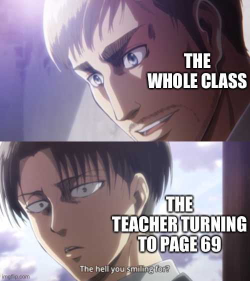 anime meme of a guy with a funny face and a caption of the whole class