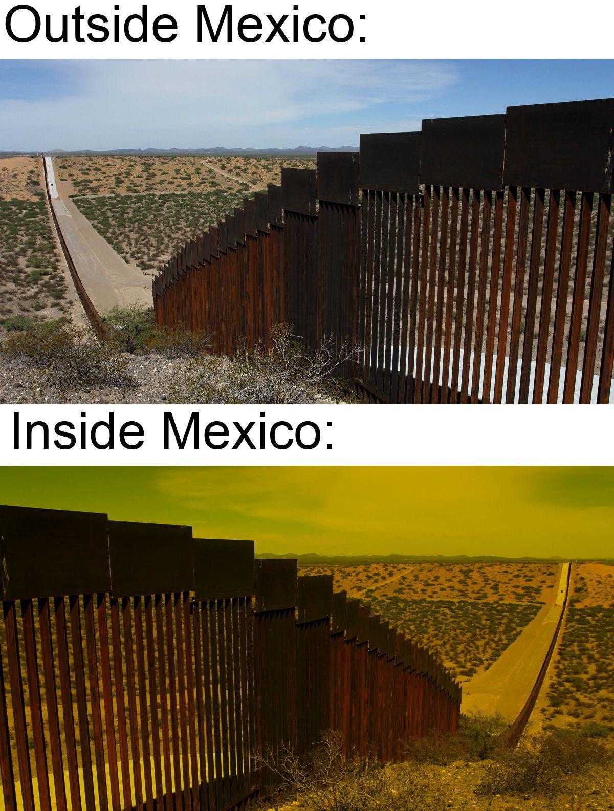 two pictures of a border fence with a road going through it