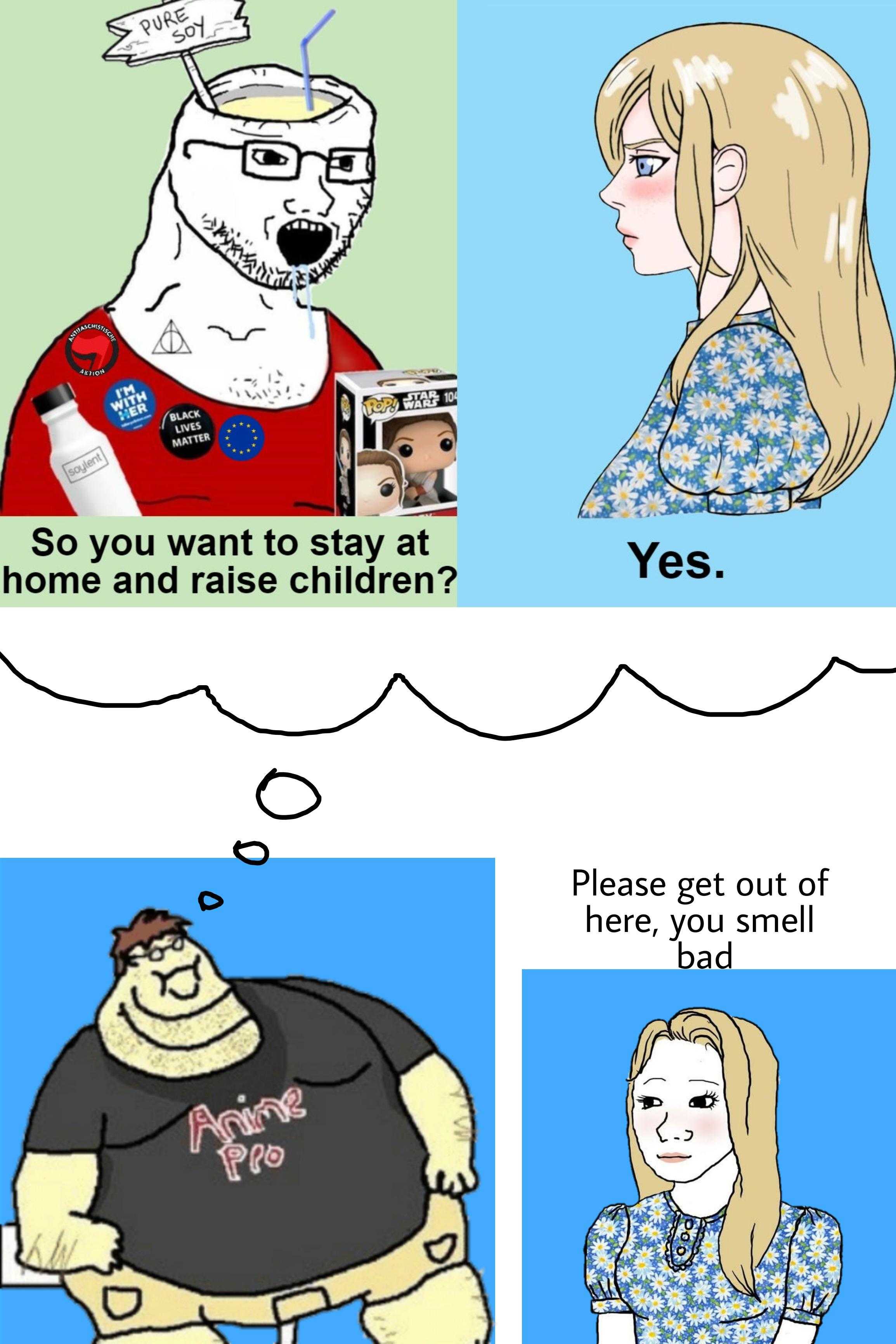 a cartoon of a woman and a bear with a thought bubble above them