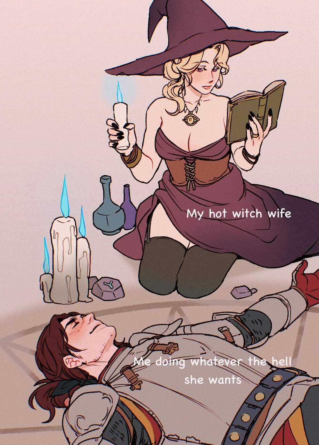 witch and man laying on the floor with a book and a candle