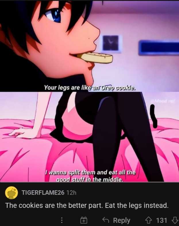 anime girl eating a banana in bed with caption saying, your legs are like that crappo would