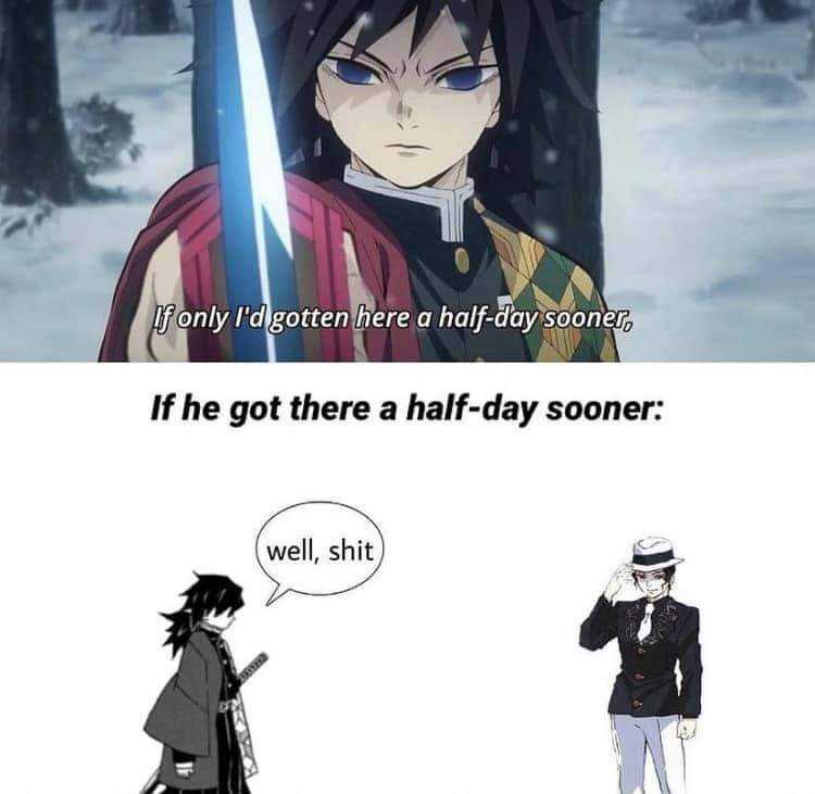 anime meme of a guy with a sword and a girl with a hat