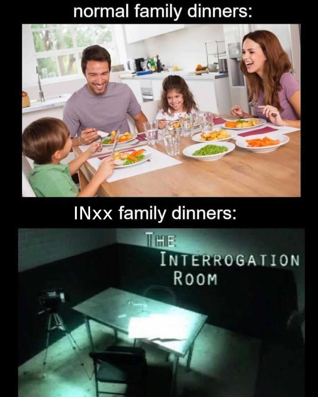 there are two pictures of a family dinner in the kitchen