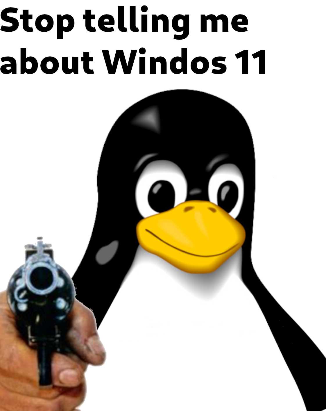 penguin holding a gun with a caption of a penguin holding a gun