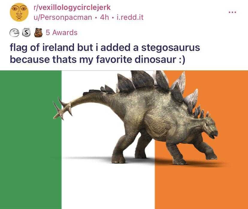 there is a dinosaur that is standing in front of a flag