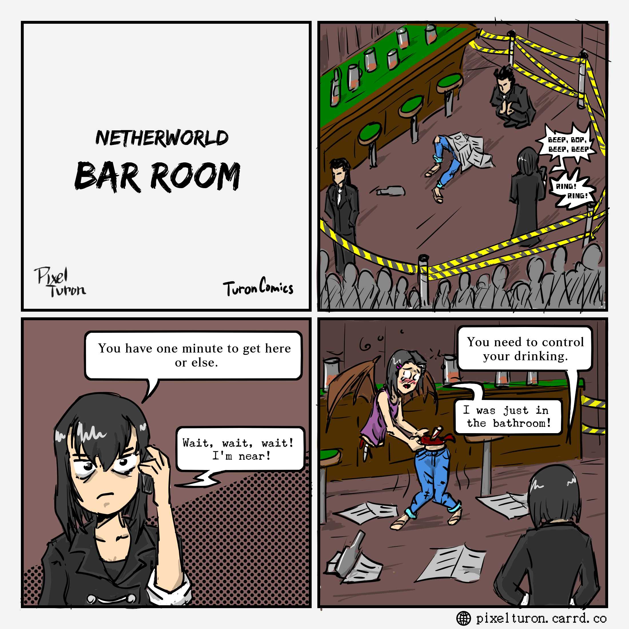 a cartoon of a bar with a woman talking on the phone