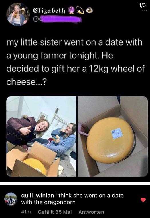 a screenshot of a woman sitting on a couch with a box of cheese