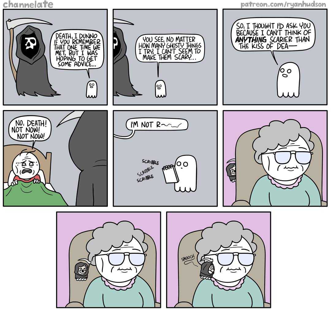 a cartoon of a woman in a chair with a ghost on her face