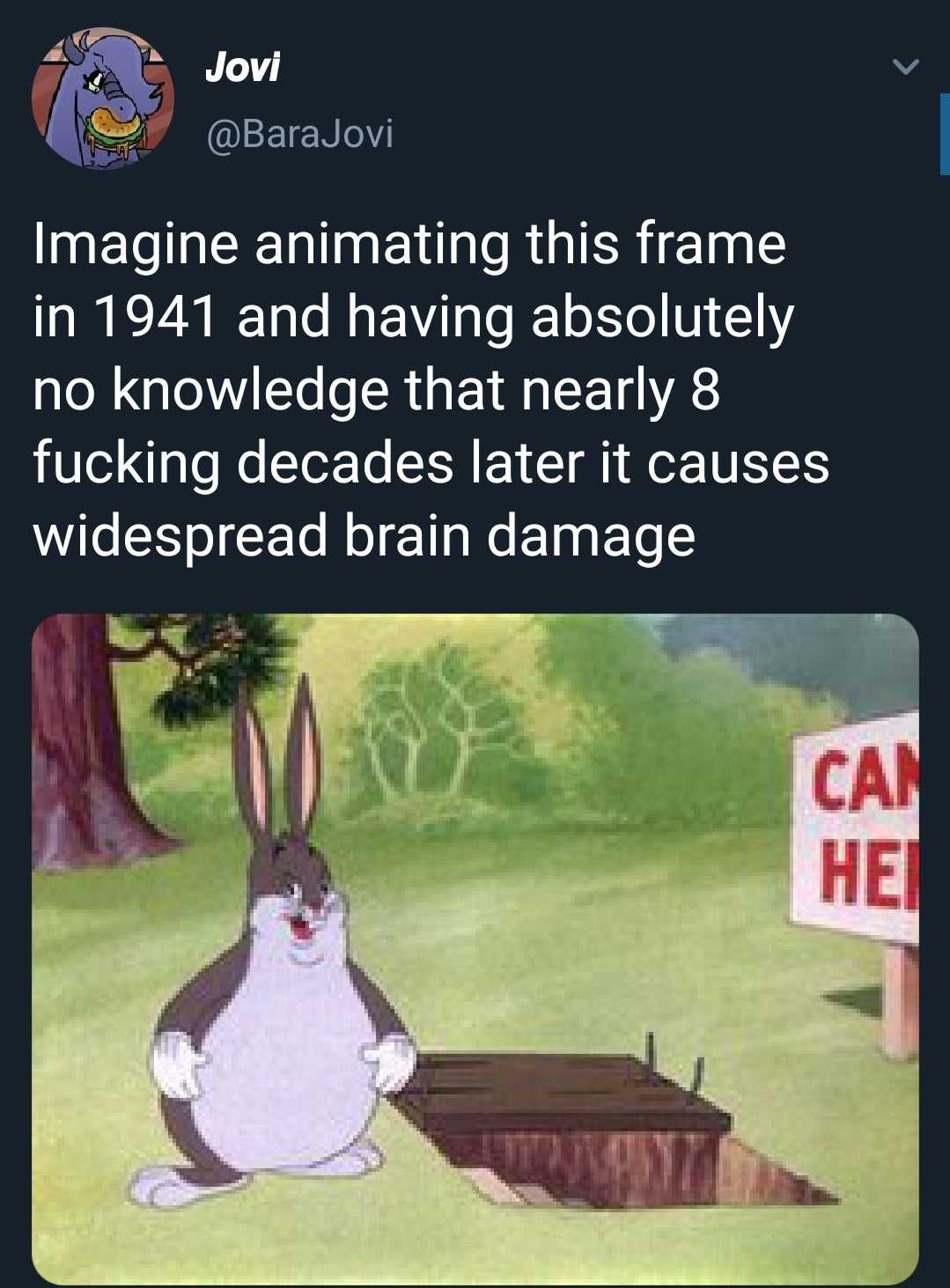 a cartoon rabbit sitting in front of a sign that says imagine animating frame in 1941 and having absolutely no knowledge that nearly 8