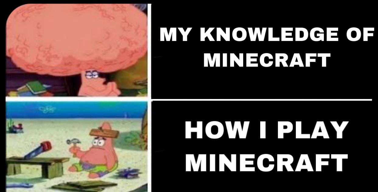 a picture of a cartoon character with a hat and a text that reads, my knowledge of minecraft how