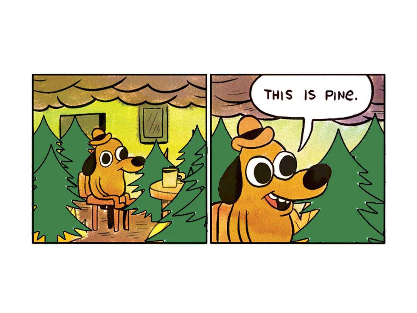 a cartoon of a dog with a hat on and a sign that says this is pine