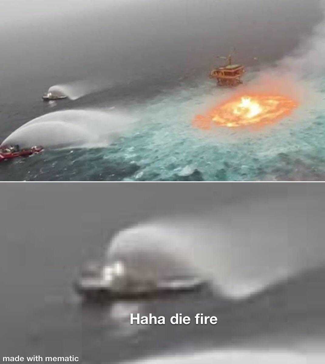 two pictures of a boat with a fire in the water