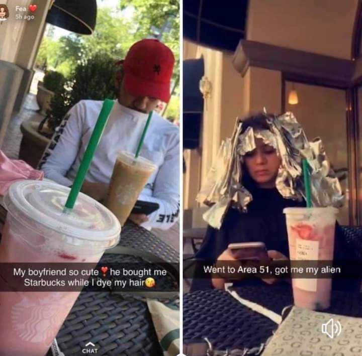 two pictures of a woman sitting at a table with a cup of coffee