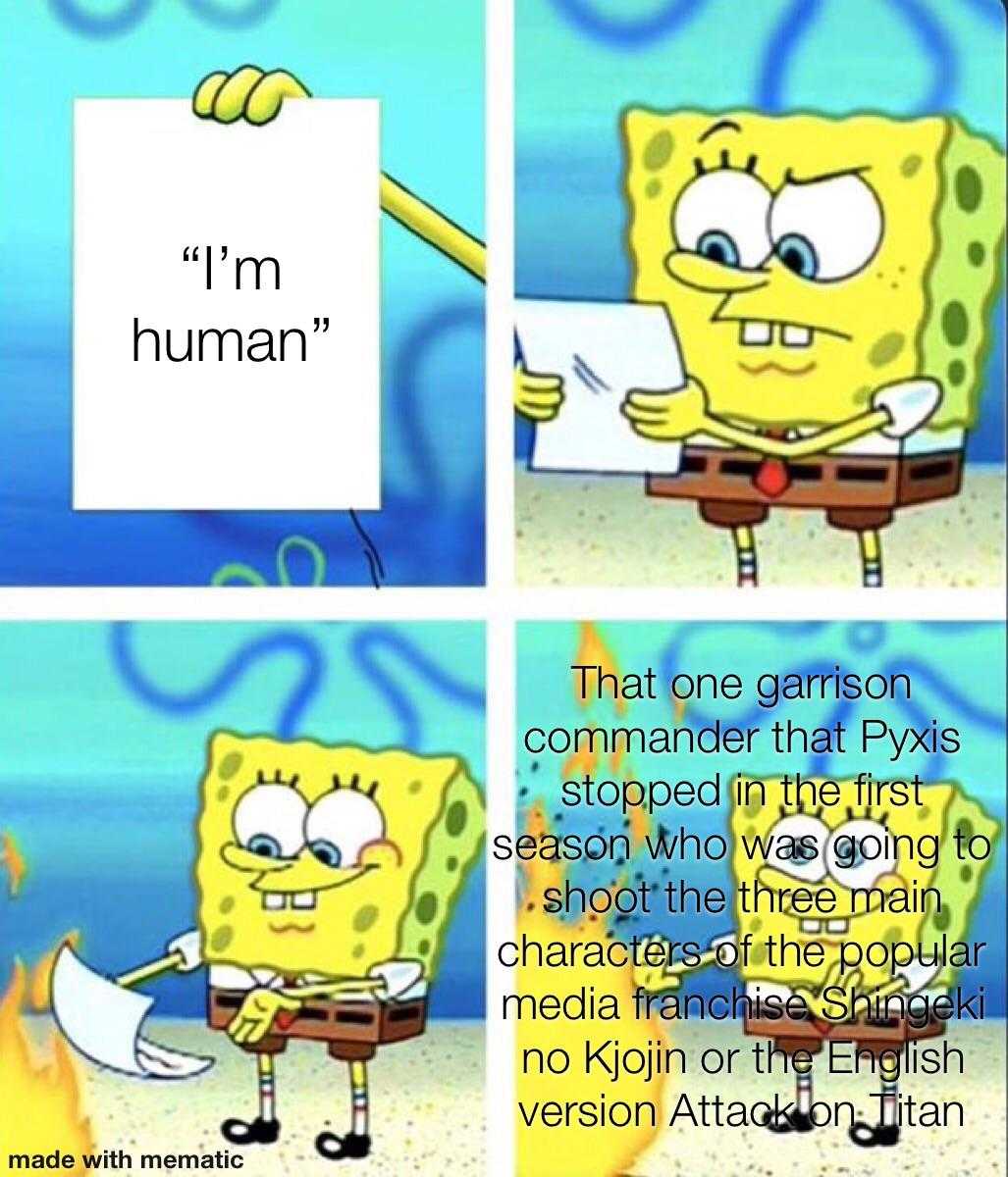 cartoon meme of spongebob holding a sign that says i ' m human