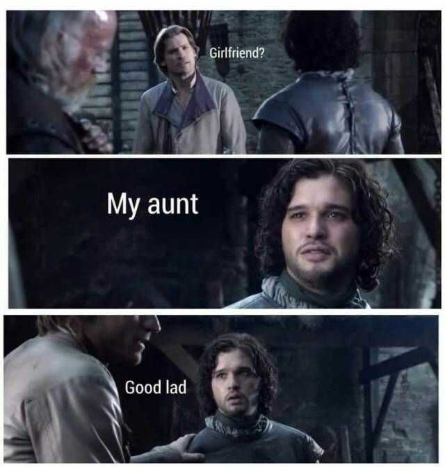 a picture taken from a game of thrones meme of a man with long hair and beards, and a caption that reads, ' my aunt good lad