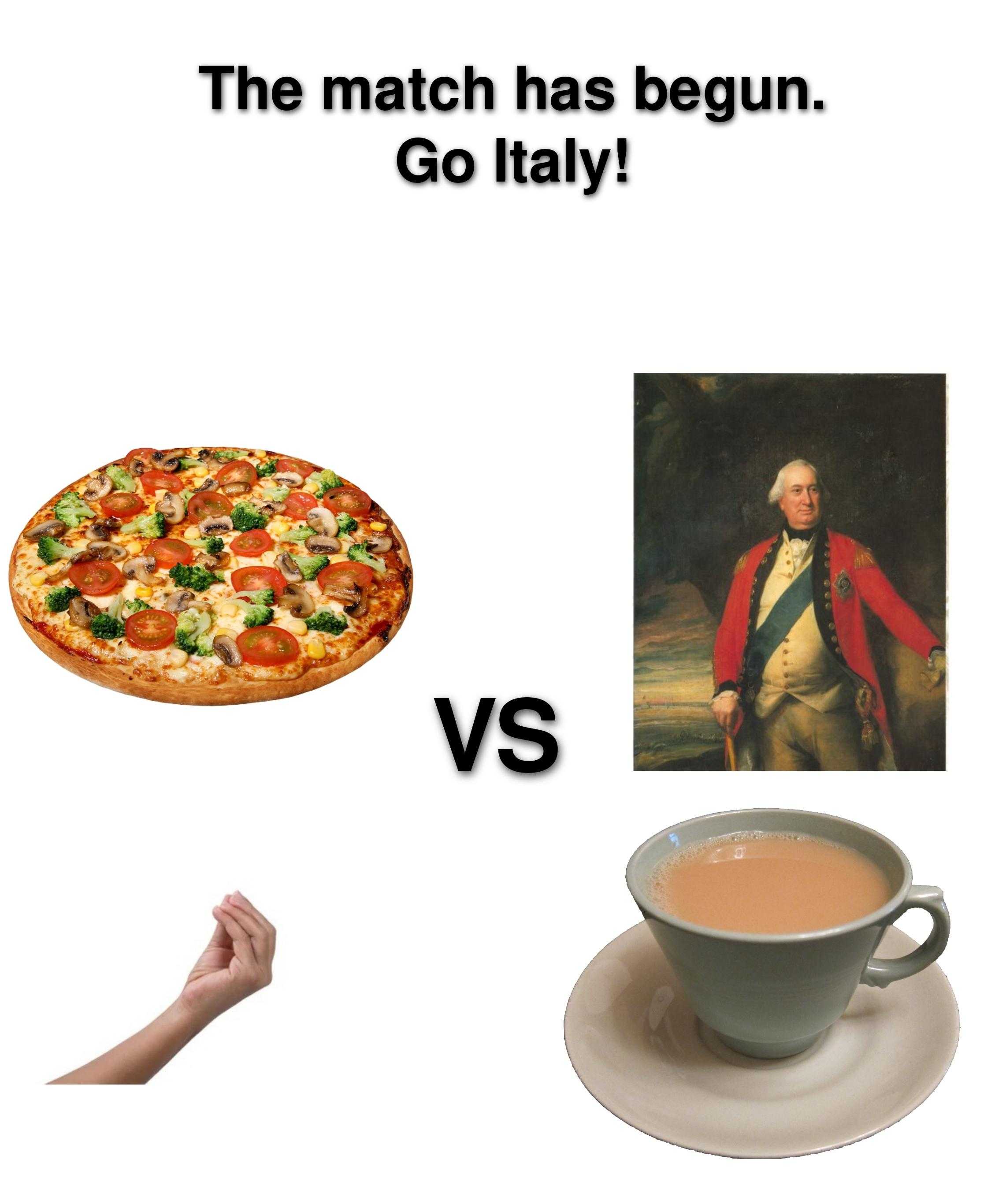 there is a picture of a pizza and a cup of coffee