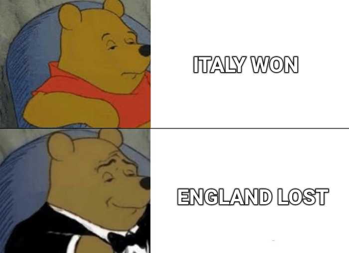 cartoon of pooh in tuxedo with caption of italy won england lost