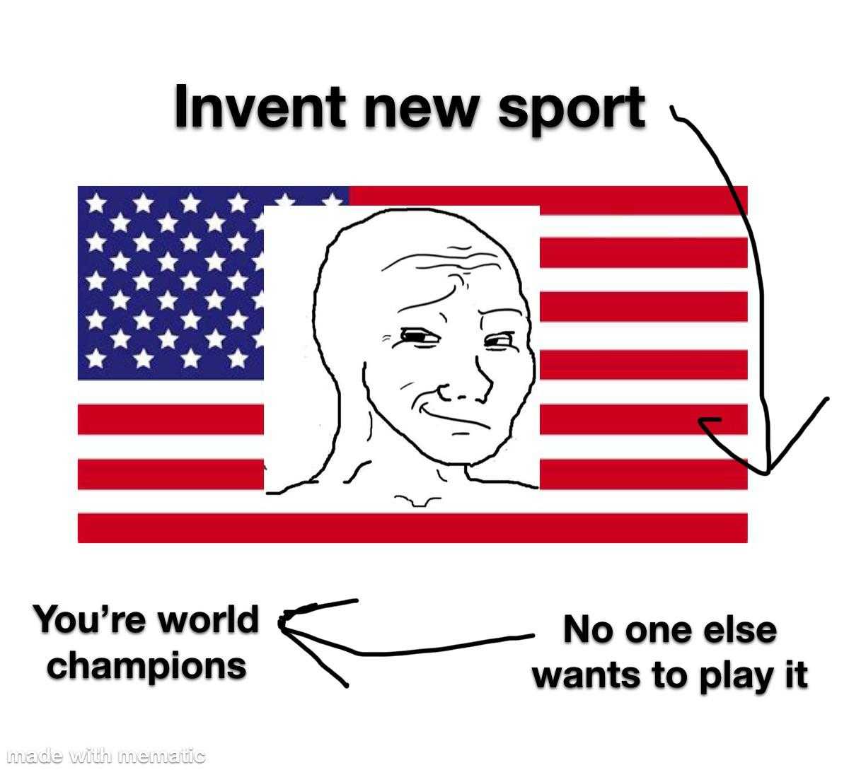 a cartoon drawing of a man with a flag and a caption of the words invent new sport