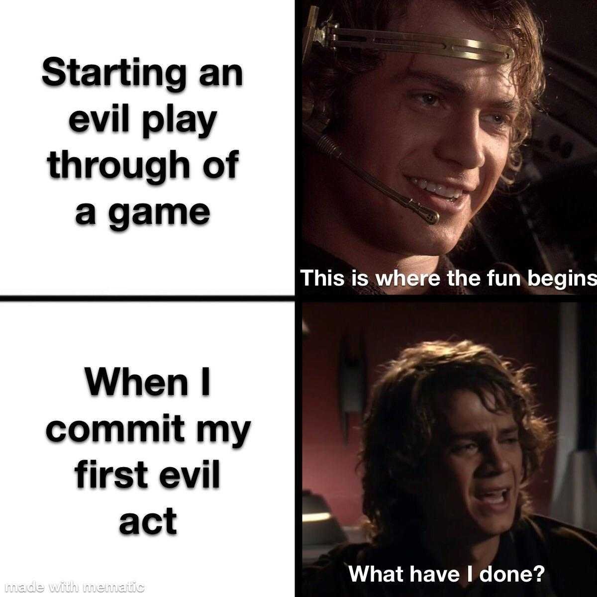 a picture of a man with a helmet on and a caption saying, starting an evil play through a game