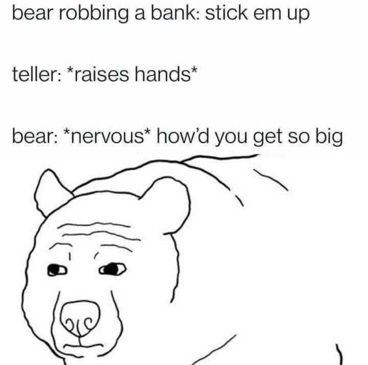 a cartoon bear with a caption that reads, bear rubbing a bank sit - sit em up teller raises