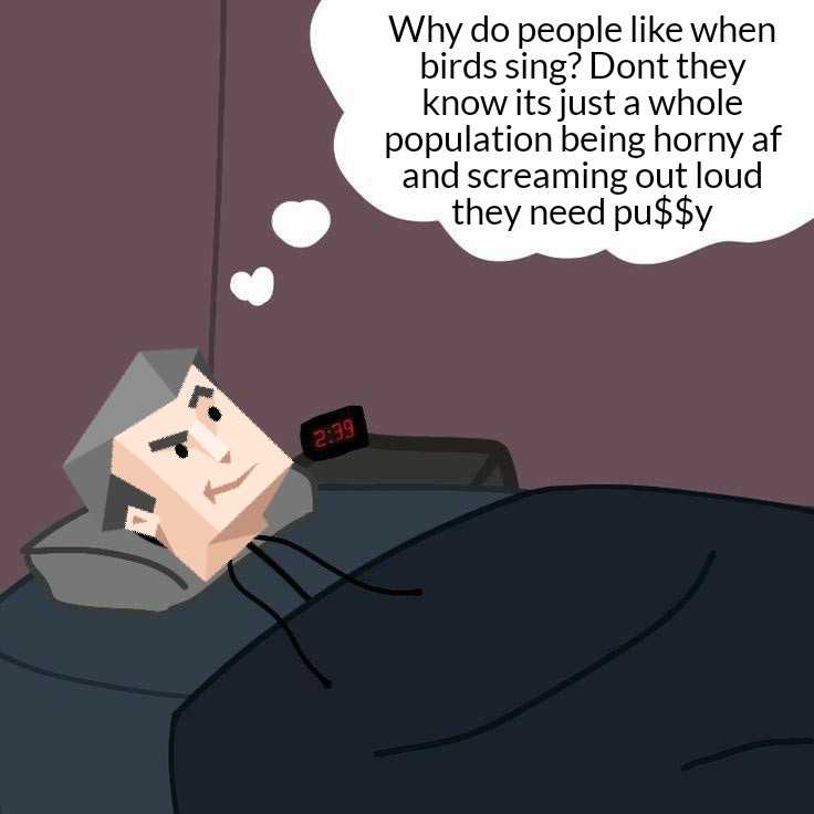 cartoon of a man laying in bed with a thought bubble above his head