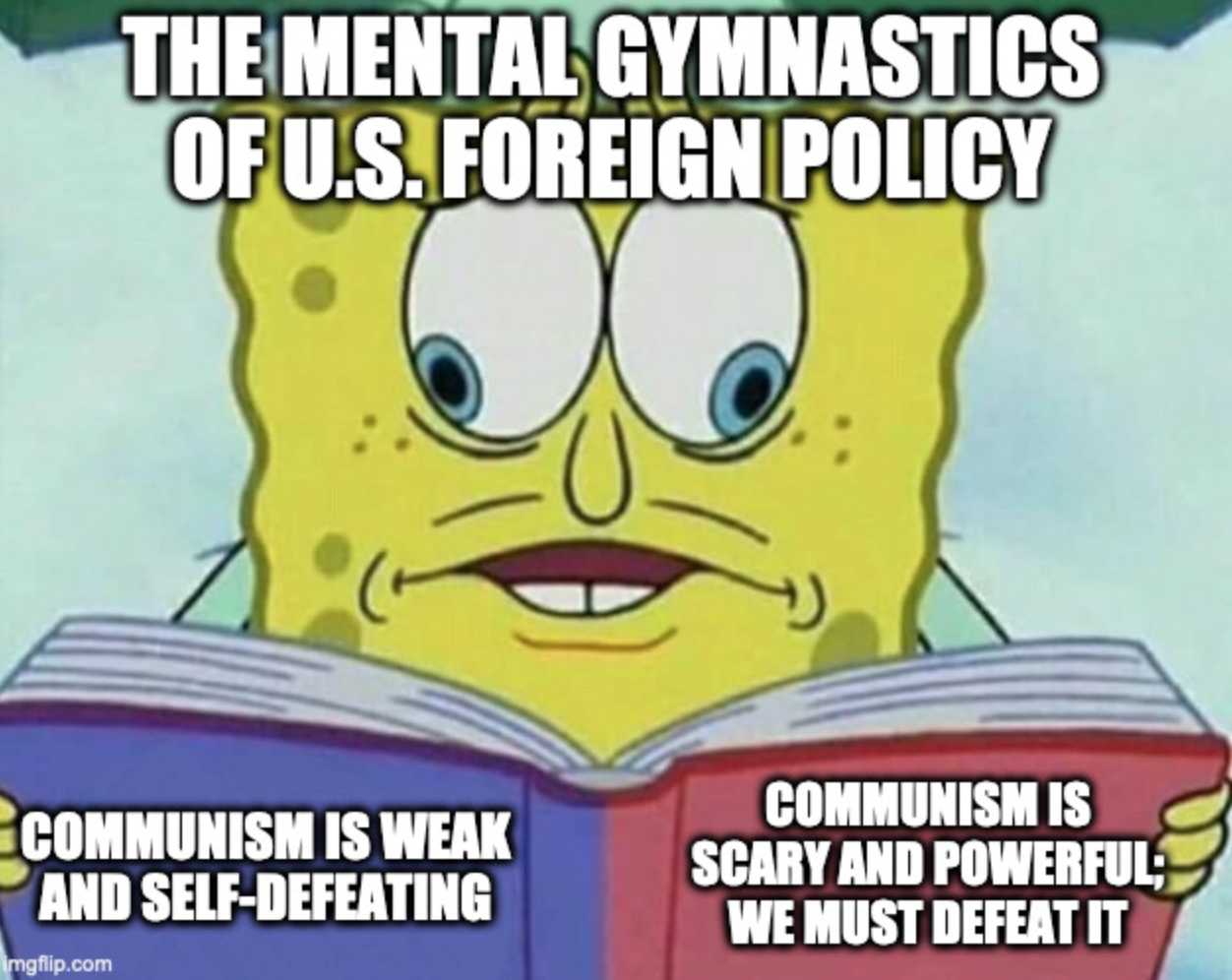 a cartoon spongeboat reading a book with the caption of the mental gymnasticss of u s foreign policy